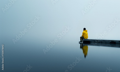 lonely person is sitting on a jetty on lake, calm and silence