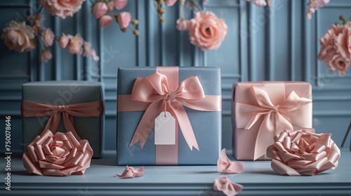 Luxurious gift boxes tied with satin ribbons and decorative flowers against a sophisticated blue backdrop.. #750078646