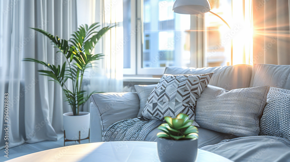 Naklejka premium Modern Living Elegance: Chic Sofa in a Stylish Interior, Blending Comfort with Contemporary Design