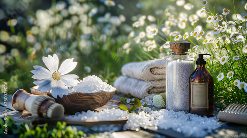 Serene Spa Retreat, Wellness and Beauty Amidst Nature, Harmonious Blend of Salt, Towels, and Aromatic Oils
