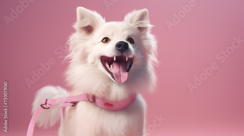 A lively canine companion, with a leash dangling from its mouth, set against a pastel pink background, signaling eagerness for a walk. © Ai Studio