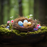 easter eggs in a nest on green nature