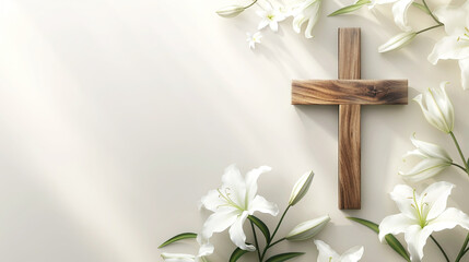 Easter concept, cross and blooming lilies , light background, flat lay, top view. Postcard template for the religious Great Holiday of Holy Easter