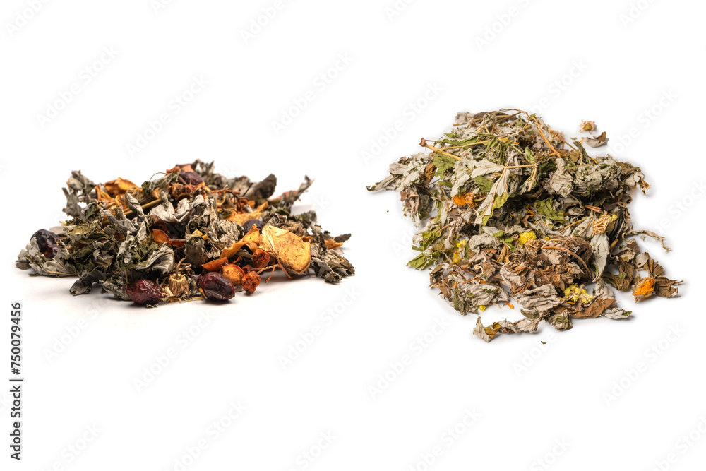 Dry tea leaves and dry fruit isolated on white background. Dry tea leaves and dry fruit isolated on white background.