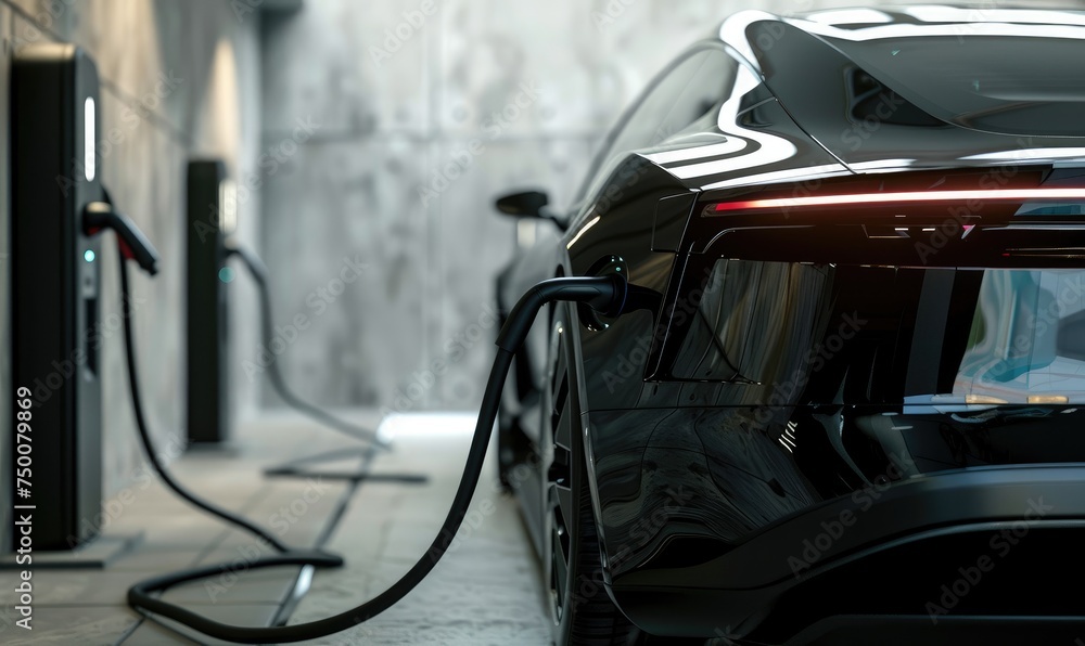 Black sports car charged on city street in electric station. Black sports car charged on city street in electric station.