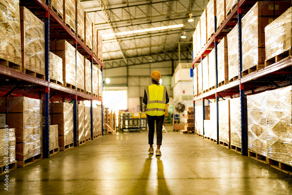 Obraz premium operation worker woman checking and inspecting cargo for stack items for shipping. Staff checking the store factory. industry factory warehouse. Worker Scanning Package In Warehouse.
