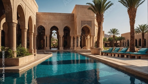 getaway destination of luxury resort hotel or palace garden landscaping design with arcade arcs and pool water feature for Arabia classic exotic tourism architecture design as wide banner