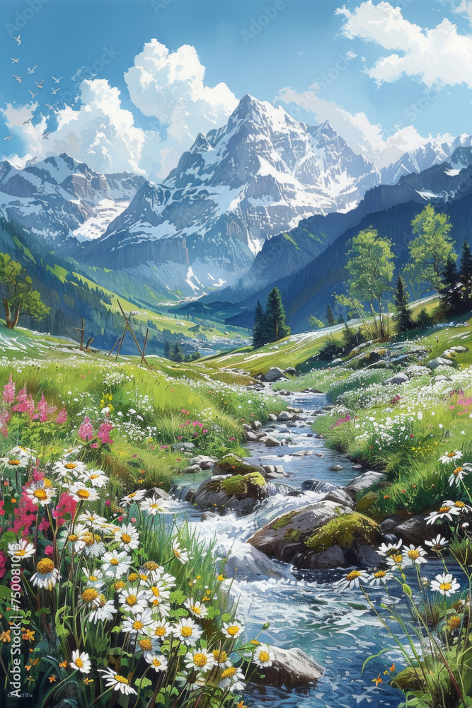 Fototapeta premium Idyllic Alpine Landscape with Blooming Meadow and Mountain Stream