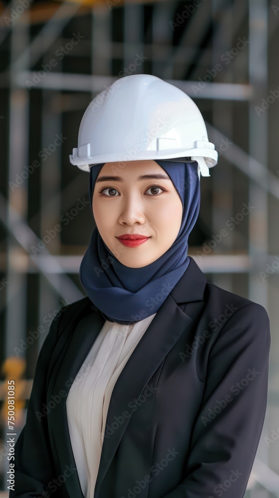 A confident woman wearing a hijab and a hard hat stands, representing diversity in the workplace, especially in engineering or construction roles A confident woman wearing a hijab and a hard hat stands, representing diversity in the workplace, especially in engineering or construction roles