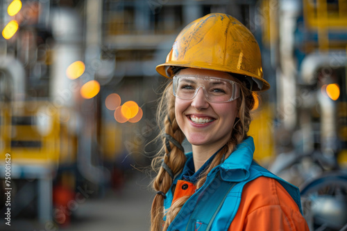 Confident Female Engineer Smiling at Industrial Plant