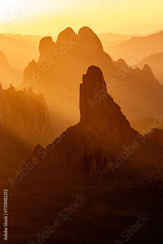 Hoggar landscape in the Sahara desert, Algeria. A view from Assekrem of the sunrise over the Atakor mountains
