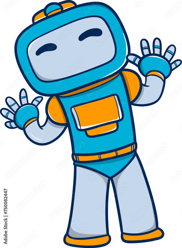 cartoon robot with blue and orange parts is standing with his hands outstretched