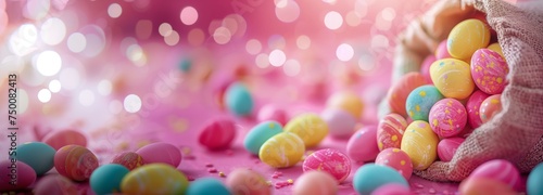festive easter banner concept with space for text or copy, egg collection with glitter and bokeh on pink background