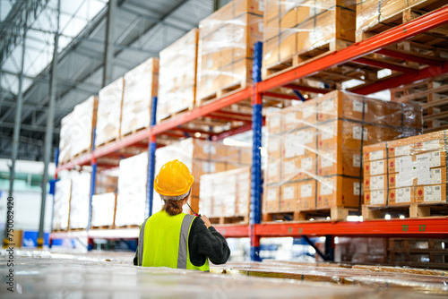 operation worker woman checking and inspecting cargo for stack items for shipping. Staff checking the store factory. industry factory warehouse. Worker Scanning Package In Warehouse.