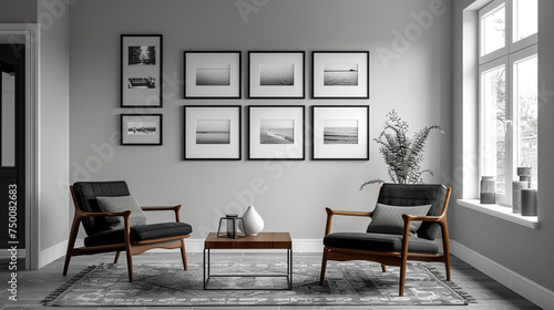 A minimalist gallery wall adorned with black-and-white photographs  capturing cherished memories and moments of serenity.
