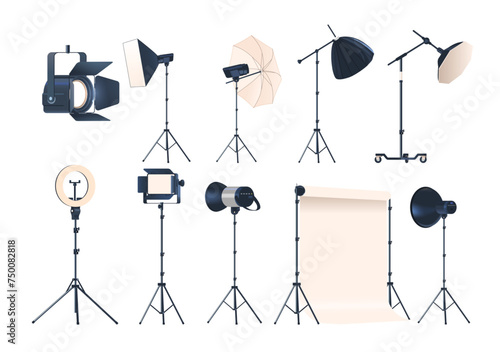 Photo Studio Equipment Isolated Vector Set. Tripods, Lights, Softboxes, Leds, Backdrops, Reflectors, Diffusers