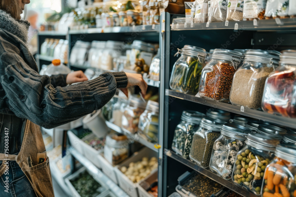 Eco-Conscious Shopper Selecting Items in a Zero-Waste Grocery Store