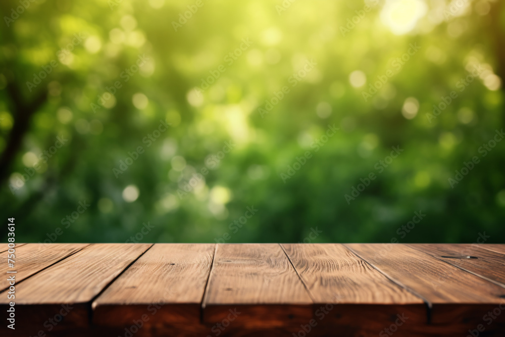 Empty wooden board with planks and blurry nature background Empty wooden board with planks and blurry nature background