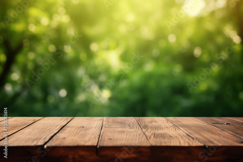 Empty wooden board with planks and blurry nature background
