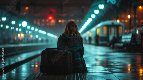 upset woman wating for a train on railway station, ai 