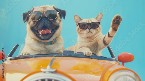 Chuckles abound as a pug dog chauffeurs a trendy cat sporting sunglasses in a toy car, their carefree jaunt set against a playful light blue backdrop. photo