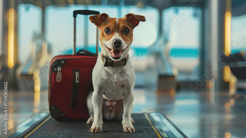 Excitement mounts as a happy Jack Russell dog stands by the gate, luggage packed and ready, eagerly awaiting boarding the airplane at the airport terminal for their holiday adventure.