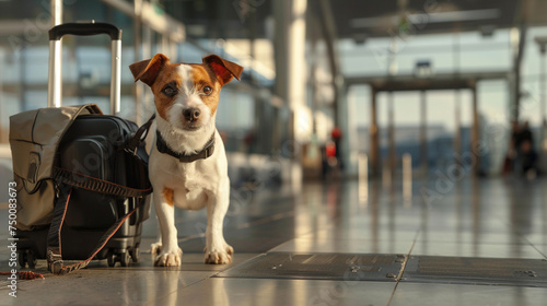 Excitement mounts as a happy Jack Russell dog stands by the gate, luggage packed and ready, eagerly awaiting boarding the airplane at the airport terminal for their holiday adventure.