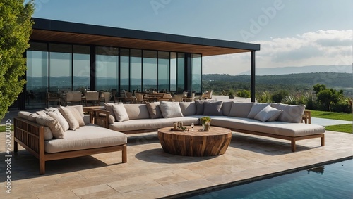 luxury outdoor seating area lounge or terrace with nature panoramic view  fancy modern contemporary architectural landscape decor and real estate design or for holiday relaxation and getaway resorts