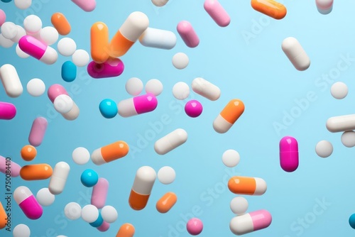 Colorful pills floating on a pastel background
