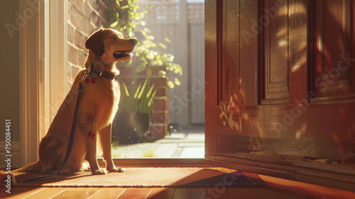 The eager energy of a dog awaiting walkies is captured in a charming scene as they sit by the door, leash in mouth, ready to dash out into the world and explore to their heart's content.