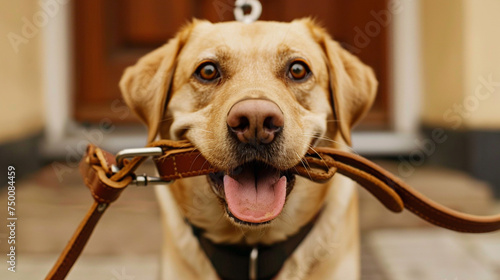 The eager anticipation of a dog waiting with a leather leash in hand (or mouth!) is captured in a heartwarming moment, as they eagerly await their favorite activity walkies.