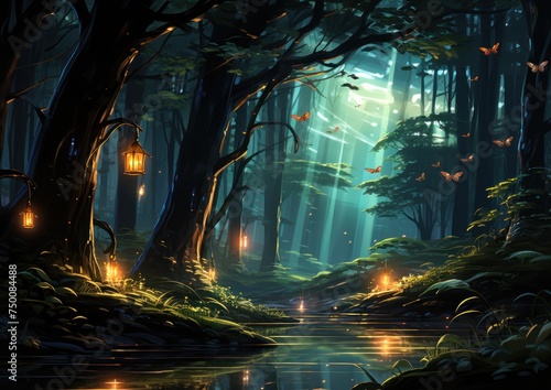 A forest scene with a river flowing through it  illuminated by lanterns