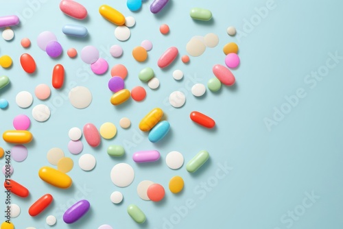 Colorful pills floating on a pastel background