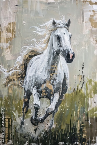This image showcases a vibrant painting of a white horse charging forward with a dynamic and fluid background