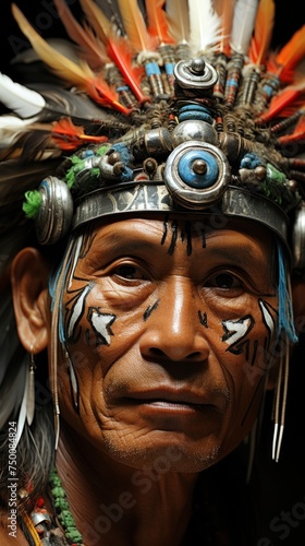 A Native American man proudly wears a traditional feathered headdress