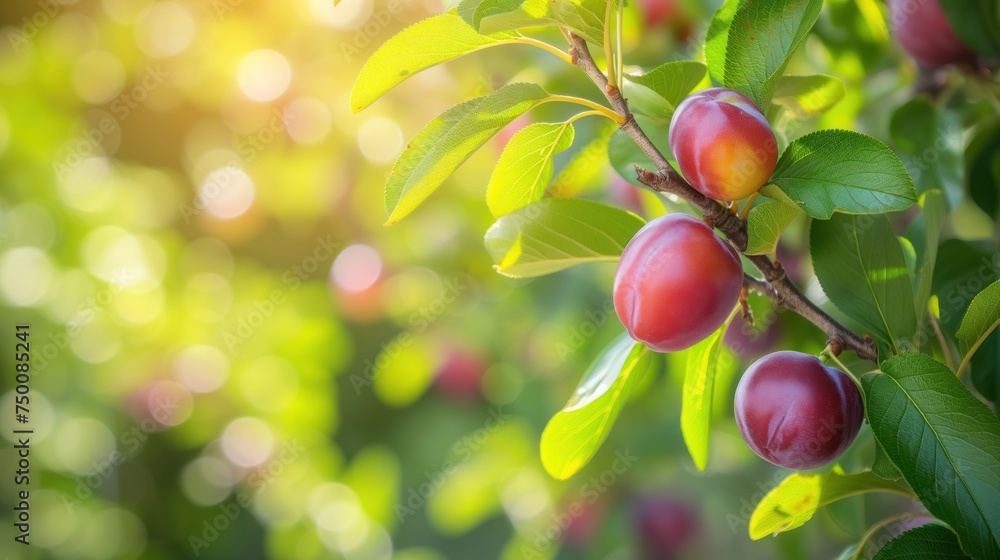 A tree with purple plums on it. The fruit is ripe and ready to be picked. The leaves are green and the sunlight is shining on the tree A tree with purple plums on it. The fruit is ripe and ready to be picked. The leaves are green and the sunlight is shining on the tree