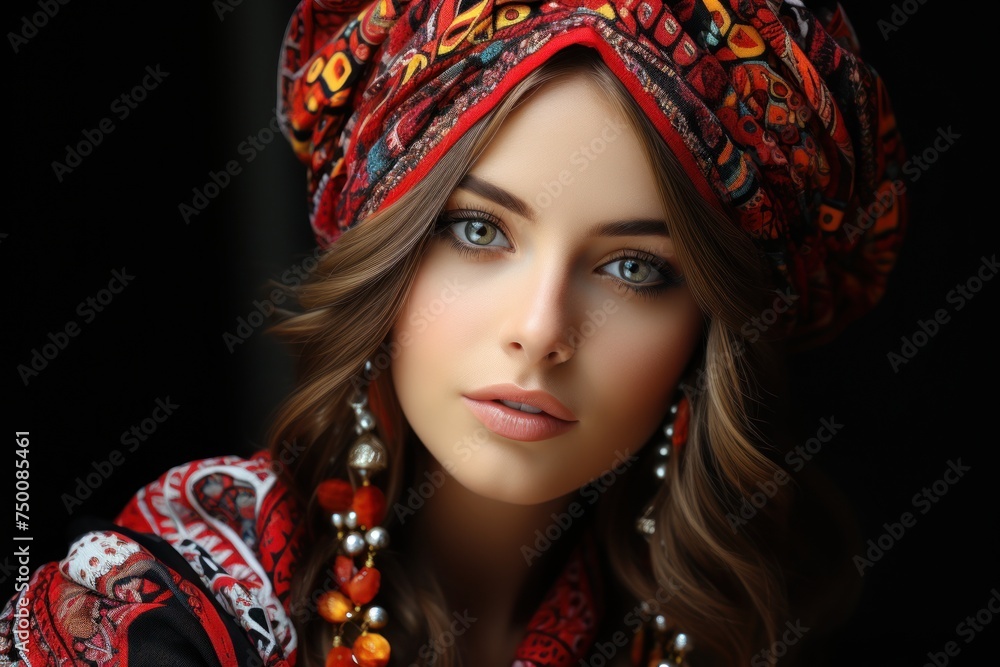 A woman adorned in a red headdress and ornate jewelry A woman adorned in a red headdress and ornate jewelry