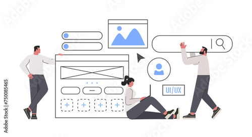 Designer team working on ui ux design, mobile application or web landing page. Creating functional web interface design for website or application. Flat vector illustration.