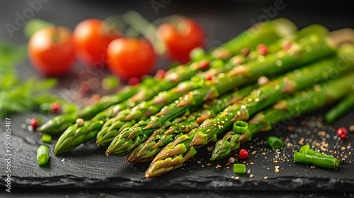 Bunch of grilled asparagus on a wooden plate
