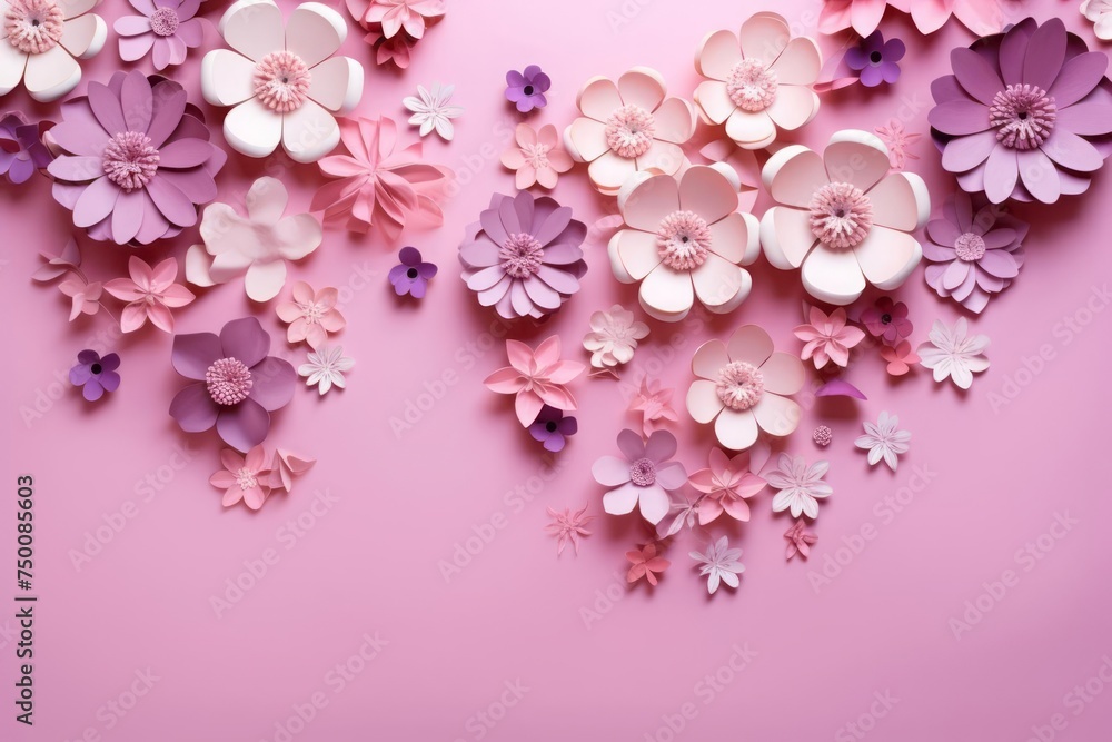 Creative composition of flowers on a pink background. Blooming concept.