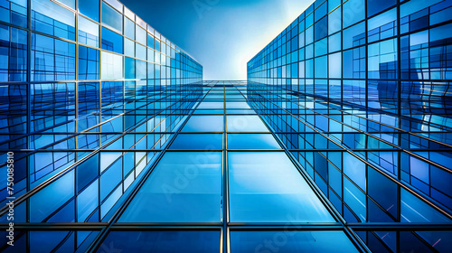 Modern architecture with reflective glass building, urban business design, and futuristic cityscape, blue sky backdrop