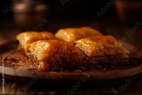 mouth-watering baklava dessert on a wooden plate