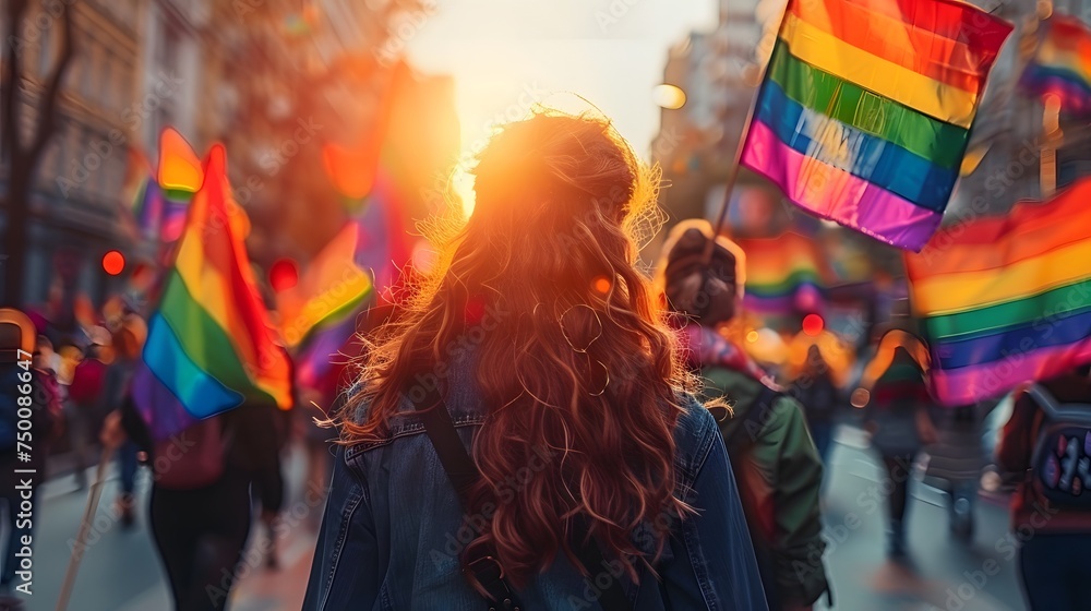Portrait of young people rallying for LGBTQ+ rights at a Pride month parade with diversity and rainbow flags in blurred background