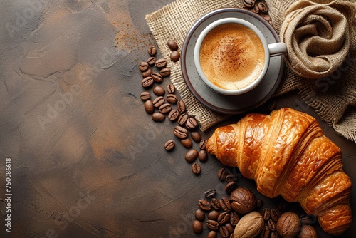 Cup of coffee with coffee bean, pastry, croissant on rustic wooden table background, text copy space photo