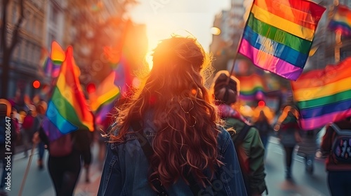 Portrait of young people rallying for LGBTQ+ rights at a Pride month parade with diversity and rainbow flags in blurred background photo