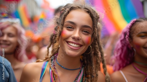 Portrait of young people rallying for LGBTQ+ rights at a Pride month parade with diversity and rainbow flags in blurred background
