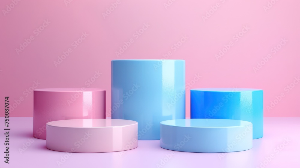 A set of five pastel-colored cylindrical shapes arranged neatly against a pink background, showcasing a minimalist design