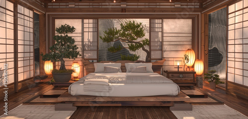 Japanese bedroom, low platform bed, shoji screen doors, and bonsai trees.