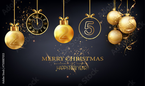 card or headband to wish a Merry Christmas and Happy New Year 2025 in gold and black consisting of Christmas baubles and a clock on a black background with glitter