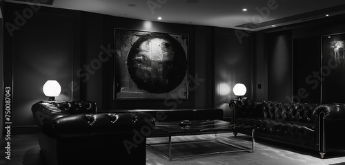 Monochromatic living room, leather furniture, chrome accents, and abstract art under recessed lighting.
